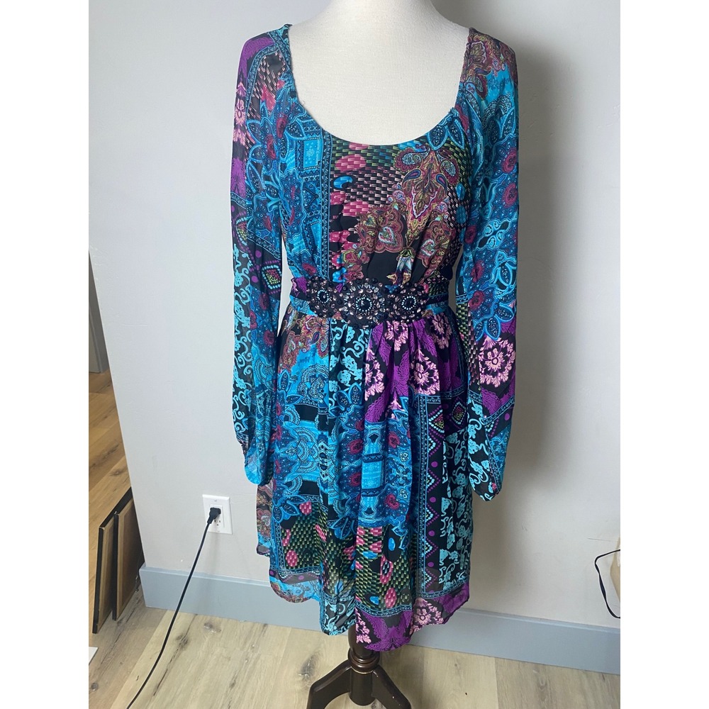 Vintage Y2K‎ Ice Fit & Flare Dress Women Embellished Long Sleeve whimsigoth 8
